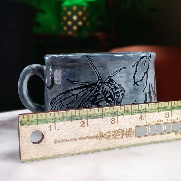 Whimsigoth Mug - Black & Grey Porcelain Cicada Moon Toad Leaves & Spiderweb - Picture 6 of 8